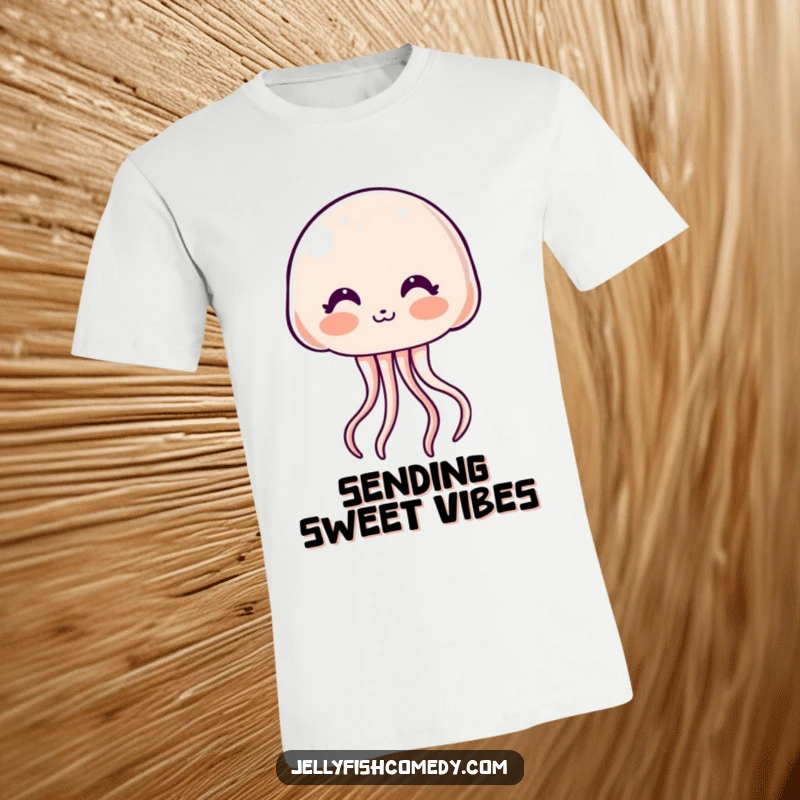 Funny T-Shirt: A super cute kawaii jellyfish with a rosy blush sends a sweet kiss, embodying shy and lovable humor.