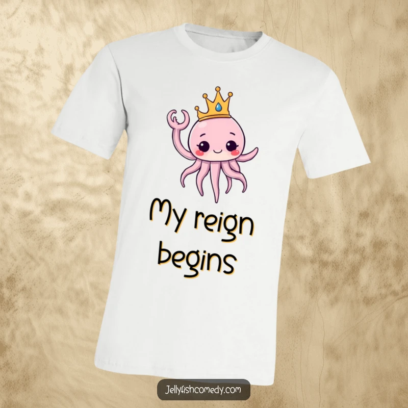Funny T-Shirt featuring a jellyfish adorned with a crown, majestically waving a tentacle. This shirt is fit for royalty.