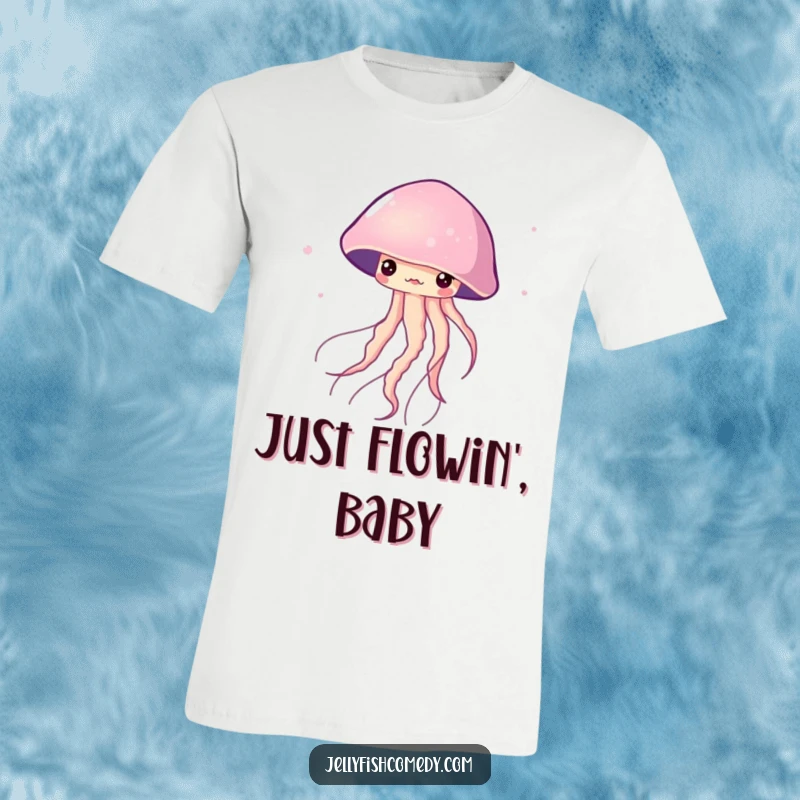 Funny T-Shirt showing a jellyfish elegantly twirling and dancing through the water. This shirt is full of fluid motion.