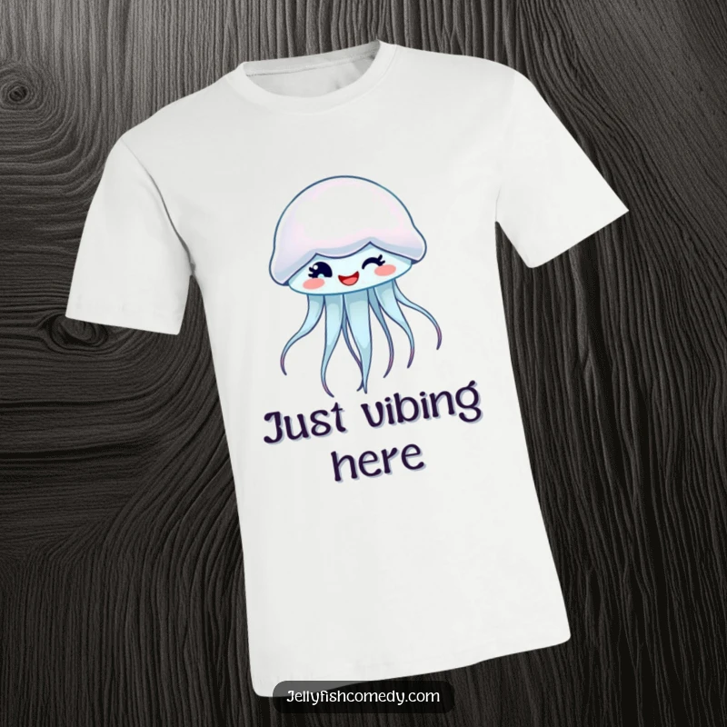 Funny t-shirt with a spinning, winking jellyfish, representing fun and a carefree attitude.