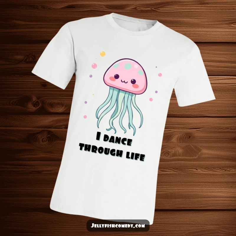 Funny Kawaii Jellyfish T-Shirt with tentacles dancing in a lively pattern, radiating fun and movement.