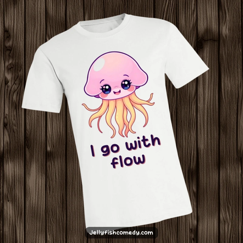 Funny Kawaii Jellyfish T-Shirt of a happy floating jellyfish with bright eyes and flowing tentacles, great for casual wear.