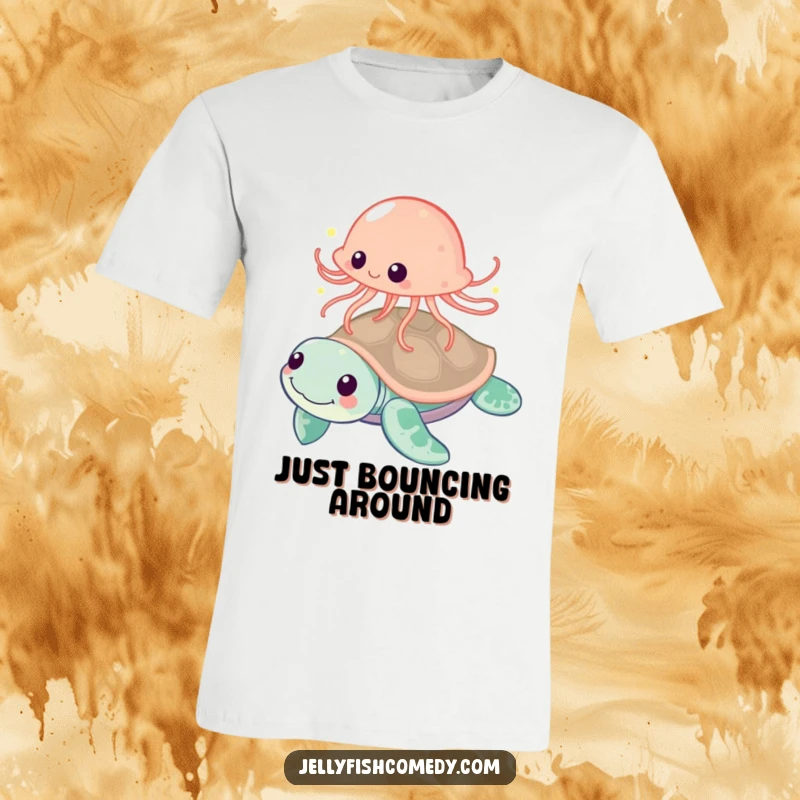 Funny jellyfish playfully bouncing off a friendly sea turtle, a humorous and vibrant t-shirt for pals.