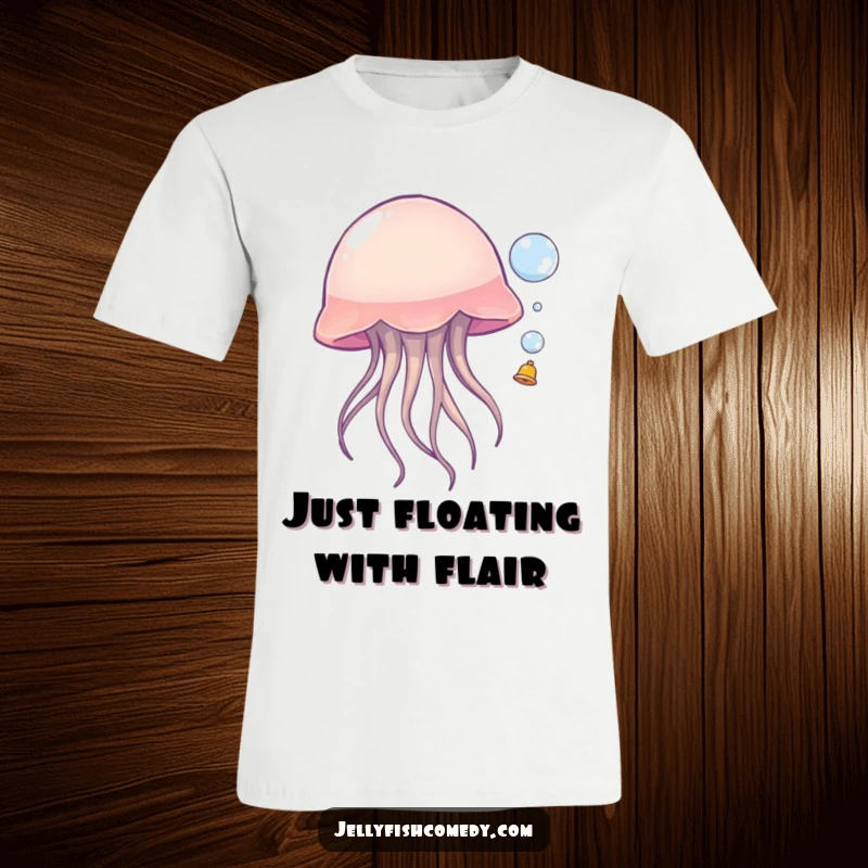 Funny jellyfish t-shirt, depicting a whimsical sea creature gleefully bouncing a tiny bubble with its bell, a humorous ocean-themed present.