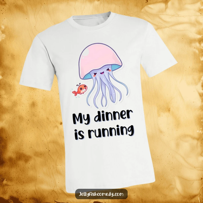 Funny jellyfish grinning while playfully chasing a small shrimp, designed for humorous t-shirts and ocean fans.