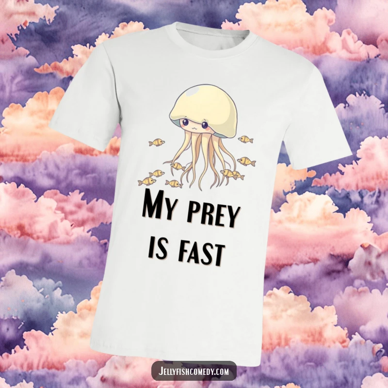 Funny Jellyfish T-Shirt: A comical jellyfish enthusiastically chases a school of tiny fish, capturing pure underwater fun.