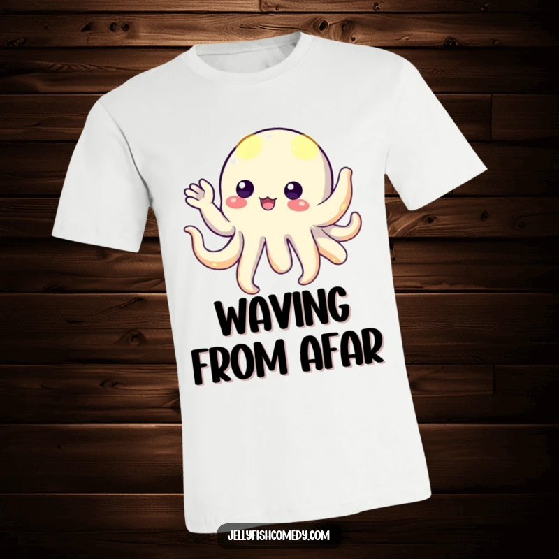 Funny floating creature with radiant, glowing tentacles, caught in a playful waving motion, a unique design on a soft t-shirt.