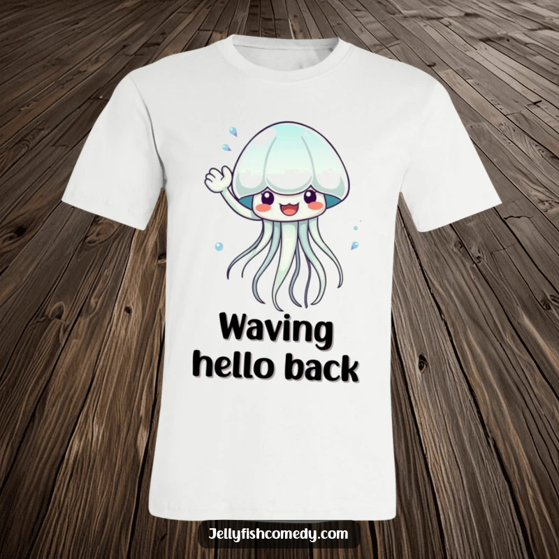 Funny waving jellyfish t-shirt, energetically splashing water, a dynamic sea creature in motion, great for beach vibes and gifts.