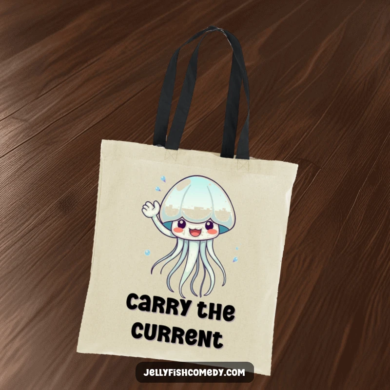 Funny waving jellyfish tote bag, designed for aquatic fun, carrying essentials with a playful splash, a practical and joyful bag.