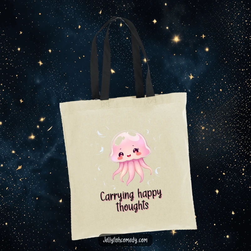 Funny transparent jellyfish happily floating amongst shimmering bubbles, a humorous and practical tote bag for everyday use.
