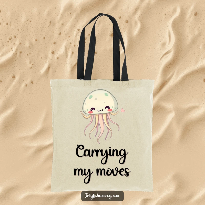 Funny jellyfish tote bag showing a whimsical jellyfish doing a silly dance with its tentacles swaying rhythmically, ready to carry your items.