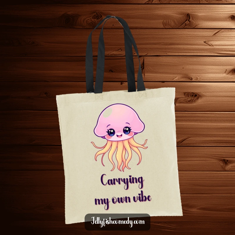 Funny Kawaii Jellyfish Tote Bag of a happy floating jellyfish with bright eyes and flowing tentacles, great for shopping.