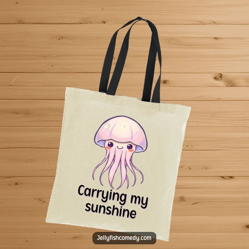 Funny Kawaii jellyfish tote bag with a creature emitting a soft, happy glow. A tranquil and humorous accessory.