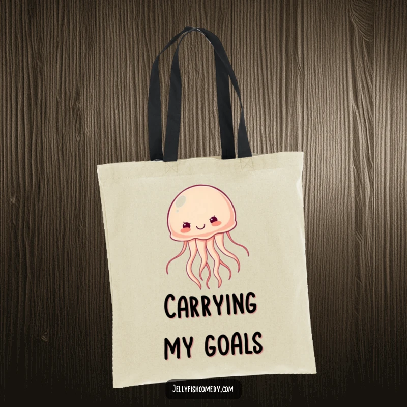 Funny determined jellyfish tote bag depicts a jellyfish swimming forward with purpose, carrying essentials with motivational humor.