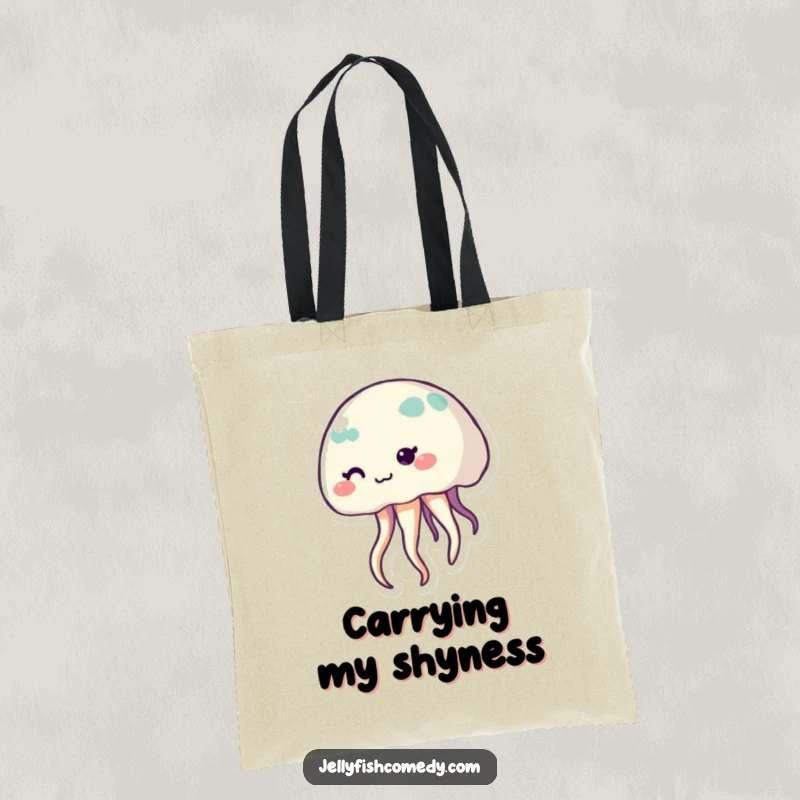 Funny shy jellyfish tote bag with a cute, smiling sea creature and gently waving tentacles, ideal for beach trips.