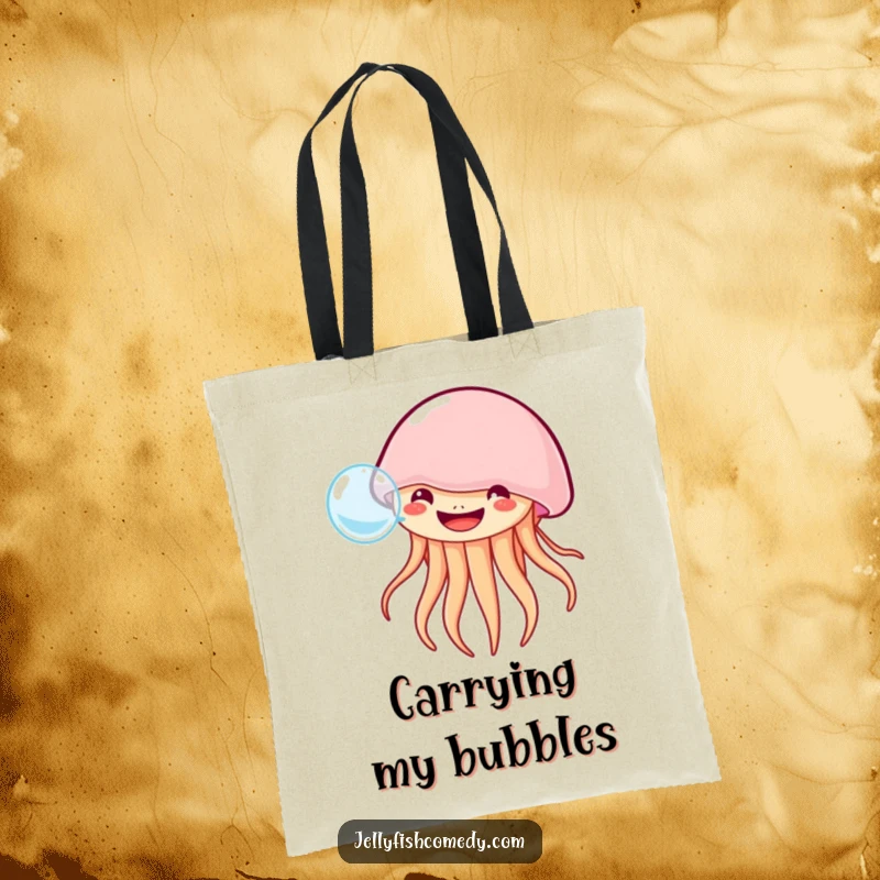 Funny grinning jellyfish tote bag features a happy jellyfish blowing a big bubble, perfect for essentials with joyful humor.