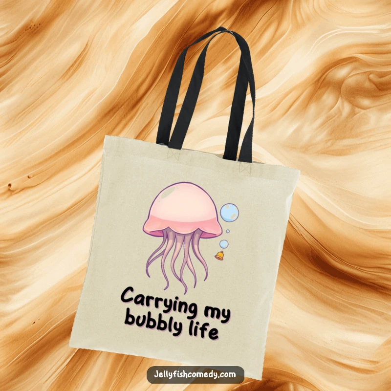 Funny jellyfish tote bag, a cute sea creature playfully bouncing a bubble, showing off its lighthearted nature, ideal for carrying treasures.