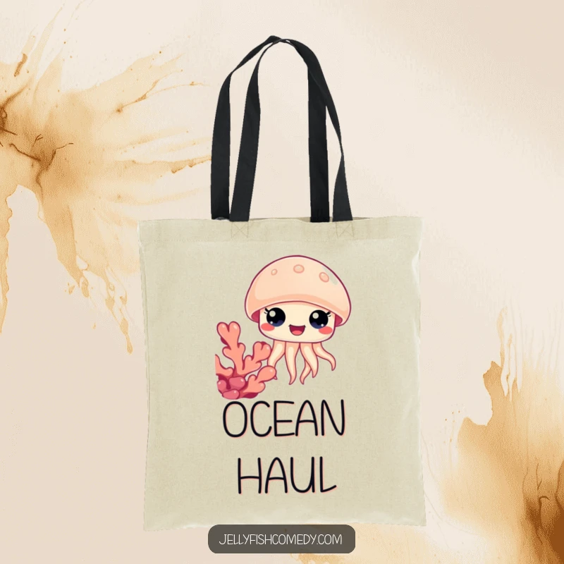 Funny jellyfish coral tote bag, featuring wide happy eyes peeking from behind coral, perfect for carrying smiles.