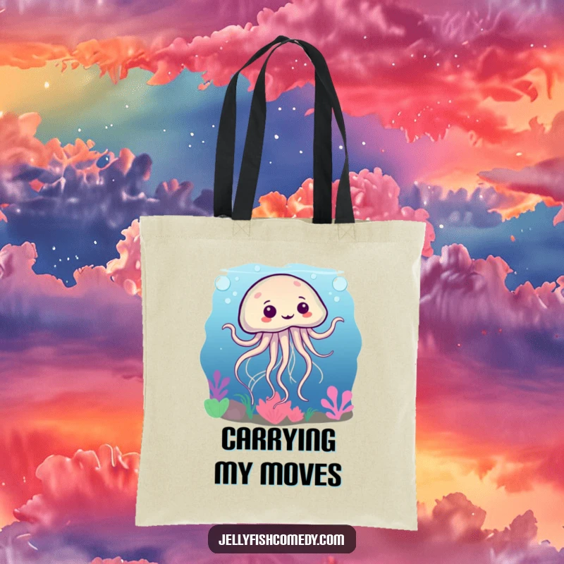 Funny tote bag design showing a silly jellyfish dancing underwater, tentacles swirling, perfect for ocean lovers.