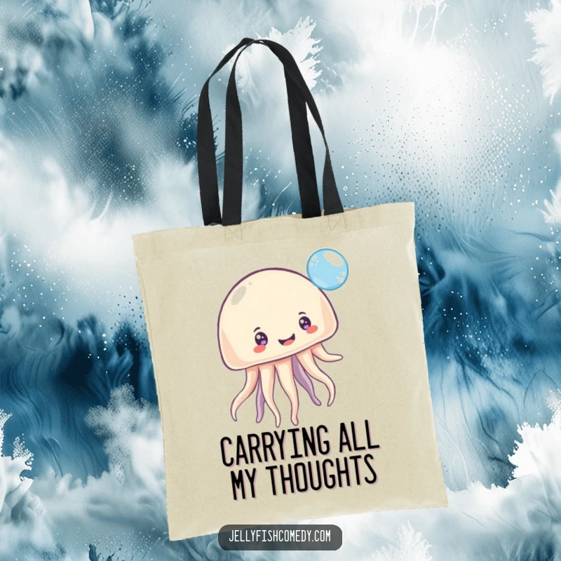 Funny Tote Bag: A multi-eyed, smiling jellyfish playfully bounces a bubbly sphere, perfect for carrying treasures with a humorous touch.