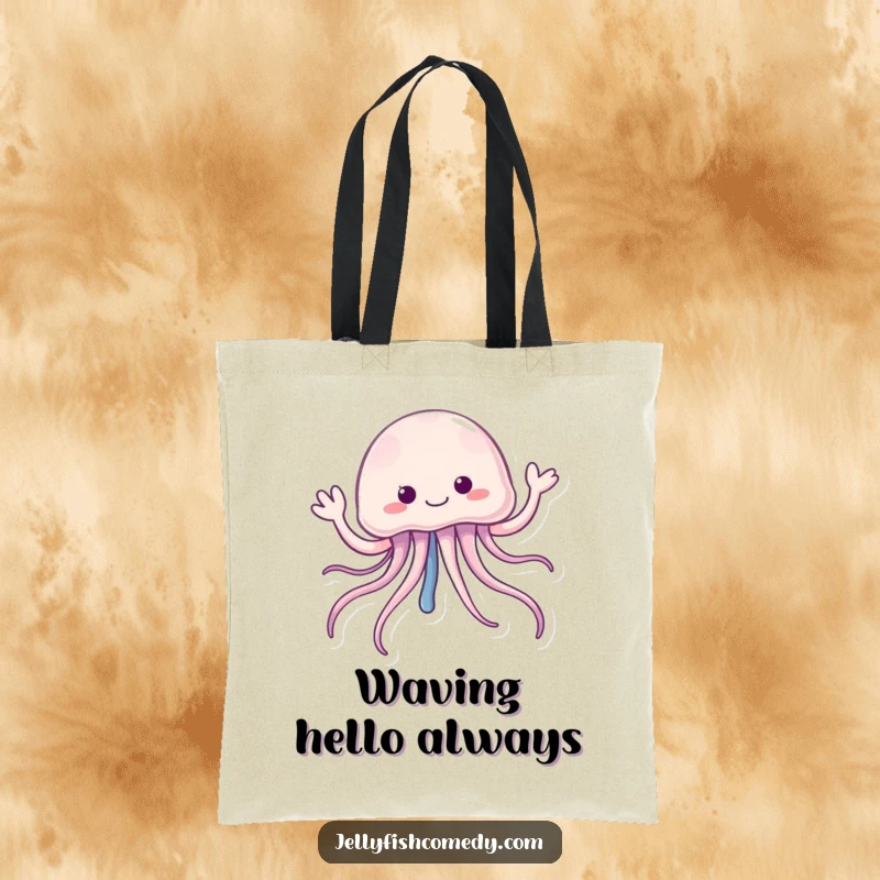 Funny jellyfish tote bag with cheerfully waving tentacles, perfect for carrying items and spreading underwater cheer.