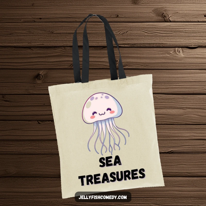 Funny kawaii jellyfish tote bag, a joyful floating creature with trailing tentacles, perfect for carrying smiles and essentials.