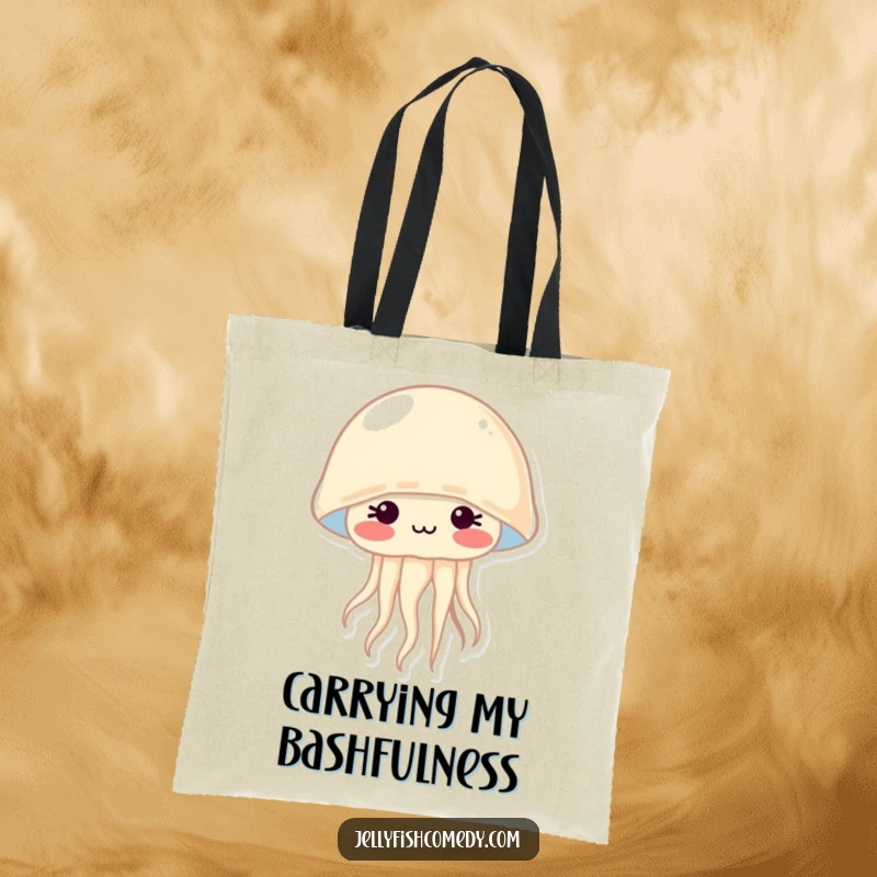 Funny tote bag with a shy jellyfish blushing deeply, adding a charming and sweet touch to your everyday carry.