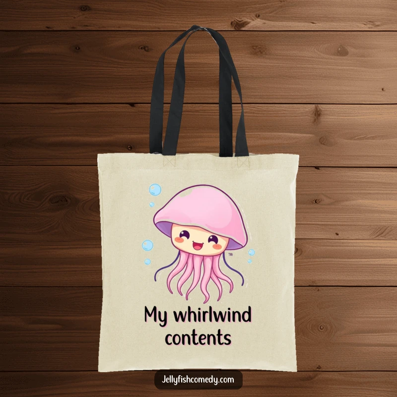 Funny surprised jellyfish tote bag, featuring a sea creature with a happy, astonished expression in a current.