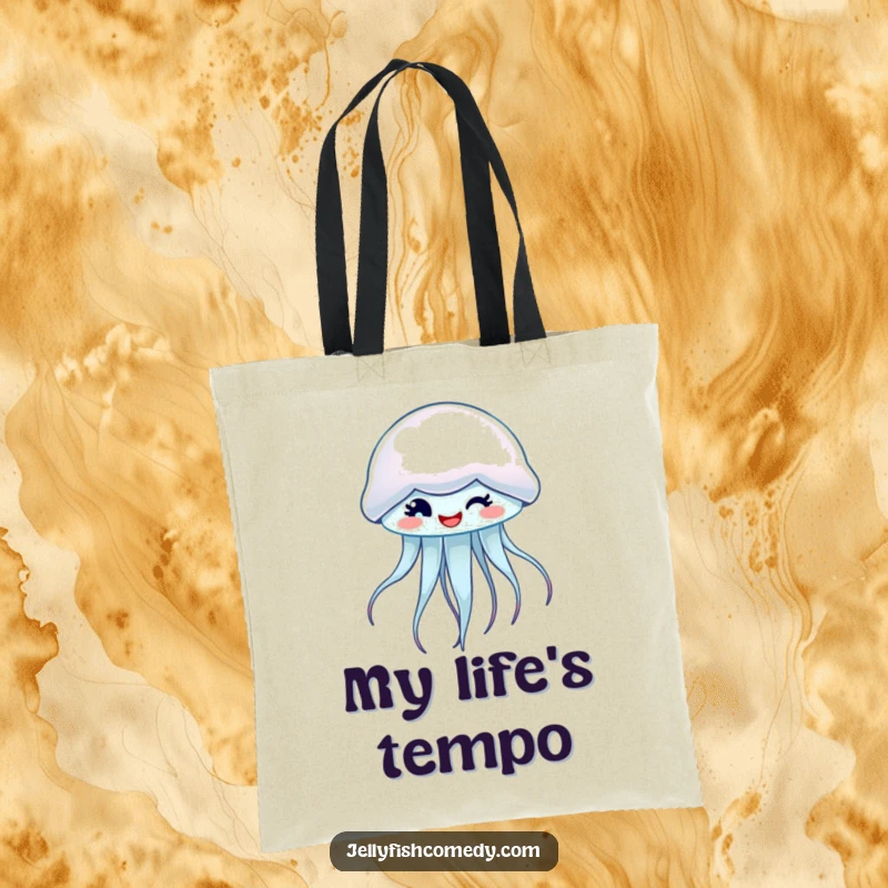 Funny tote bag with a spinning, winking jellyfish, ideal for carrying items with a playful flair.