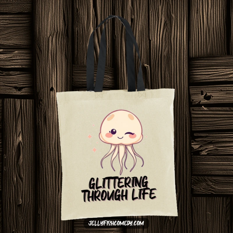 Funny Tote Bag: A jellyfish winks with one eye, leaving a shimmering trail of sparkles, perfect for carrying treasures with humor.