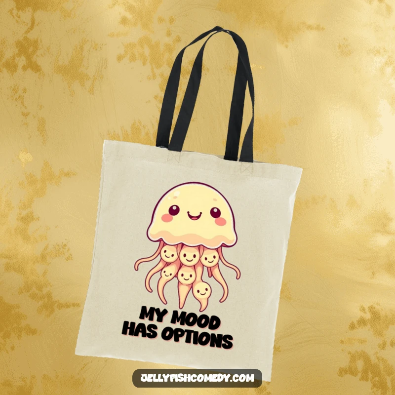Funny Kawaii Jellyfish Tote Bag showcasing a jellyfish with multiple smiley faces on its bell, great for everyday use.