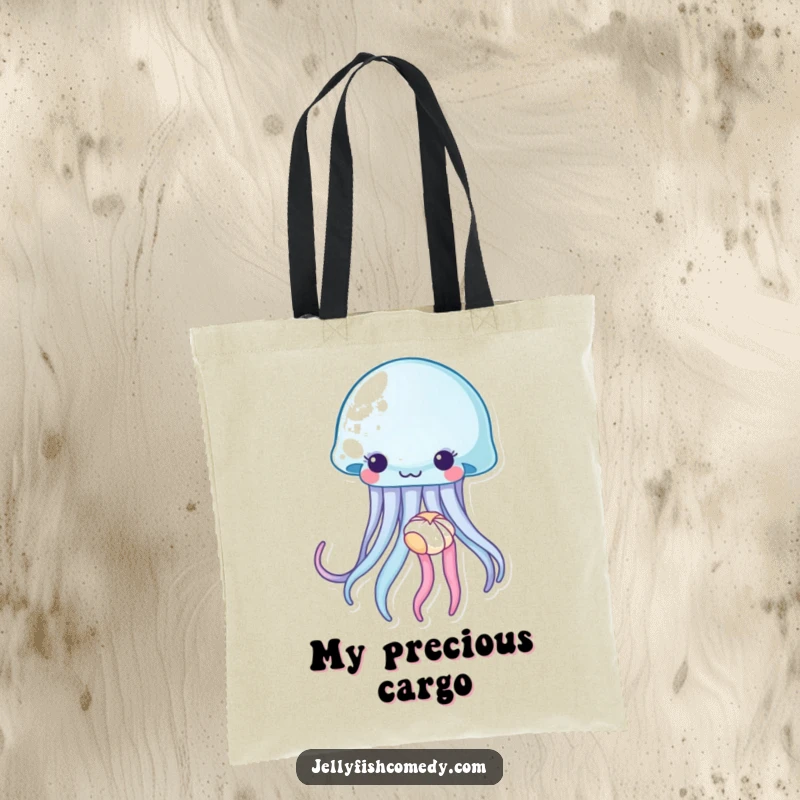 Funny jellyfish tote bag, a sea creature gently holding a tiny seashell, perfect for carrying beach finds with oceanic charm.